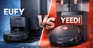 Comparativa Eufy vs Yeedi: robots aspiradores con estación, fondo azul y rojo, texto “VS” y “Guía rápida para elegir bien”.