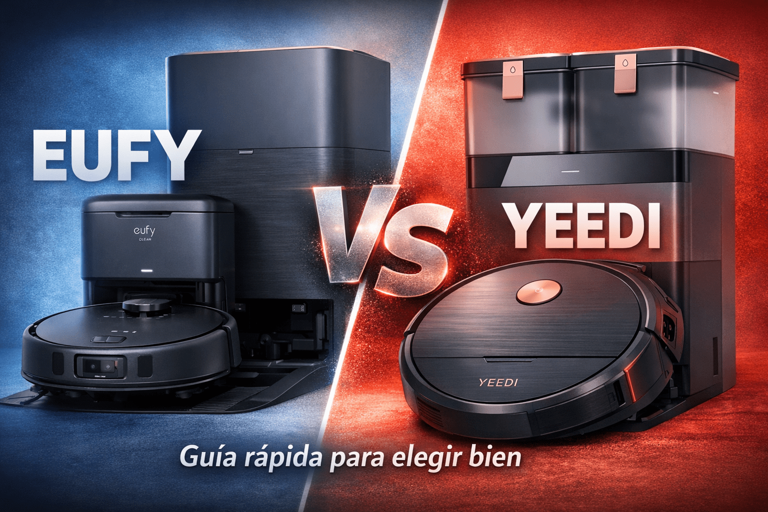 Comparativa Eufy vs Yeedi: robots aspiradores con estación, fondo azul y rojo, texto “VS” y “Guía rápida para elegir bien”.