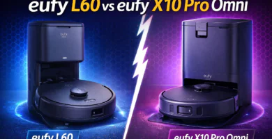 Comparativa eufy L60 vs eufy X10 Pro Omni: dos aspiradoras robot Eufy con base/estación, frente a frente.
