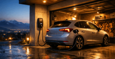 Auto eléctrico cargando en casa con wallbox al atardecer, carport moderno y cable conectado; reflejos en suelo mojado.