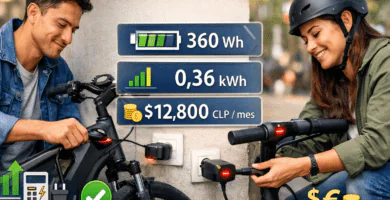 Persona cargando una e-bike y un scooter eléctrico junto a un enchufe doméstico, con foco en kWh por carga y costo por kWh.