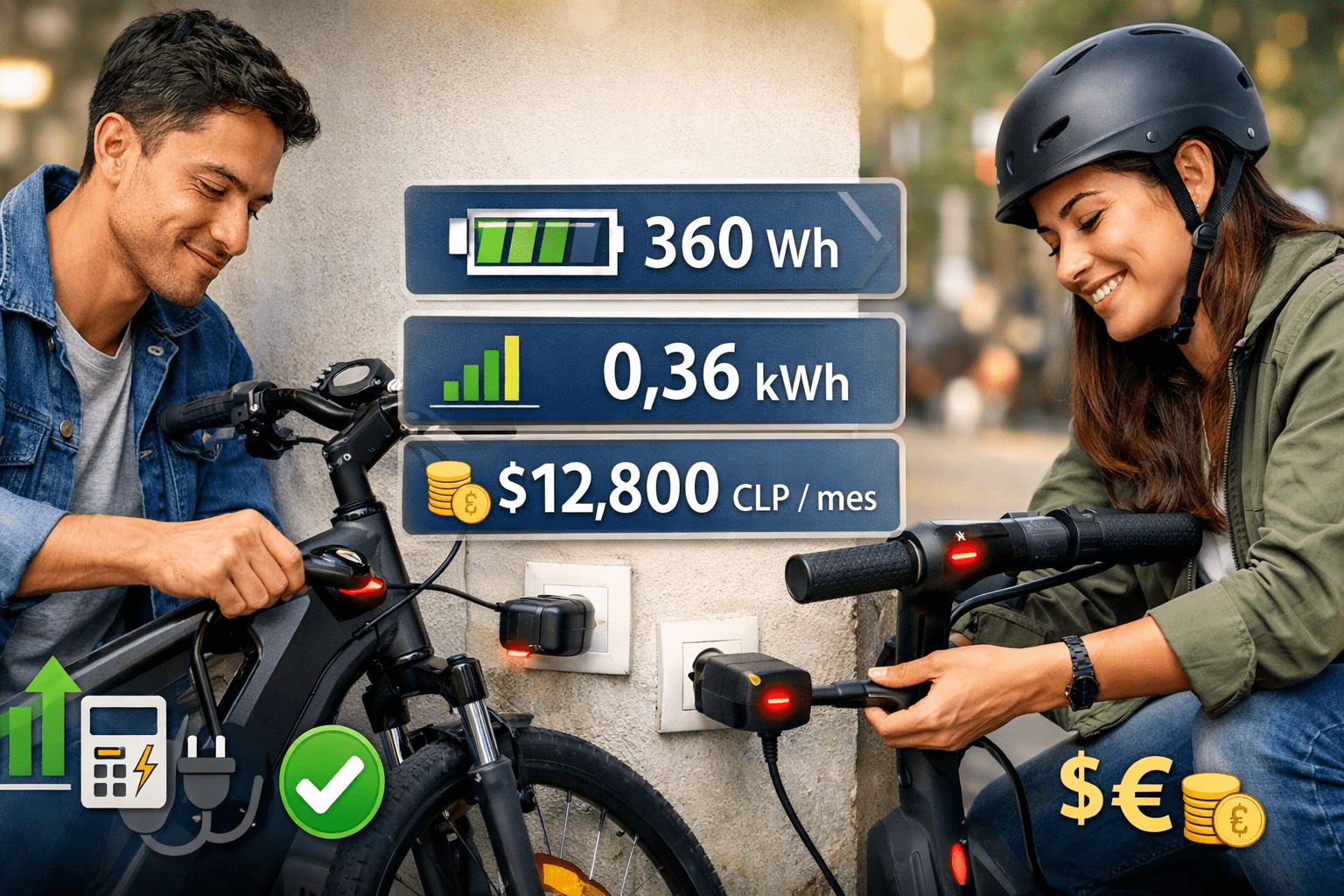 Persona cargando una e-bike y un scooter eléctrico junto a un enchufe doméstico, con foco en kWh por carga y costo por kWh.