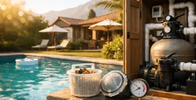 Técnico ajustando la bomba y el filtro de una piscina doméstica, con manómetro y temporizador visibles, enfoque en consumo kWh y mantenimiento en verano en Chile.