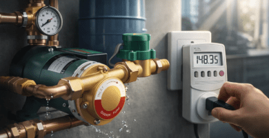 Presurizador de agua doméstico con manómetro junto a medidor Kill A Watt midiendo consumo en kWh en un hogar de varios pisos