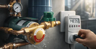 Presurizador de agua doméstico con manómetro junto a medidor Kill A Watt midiendo consumo en kWh en un hogar de varios pisos