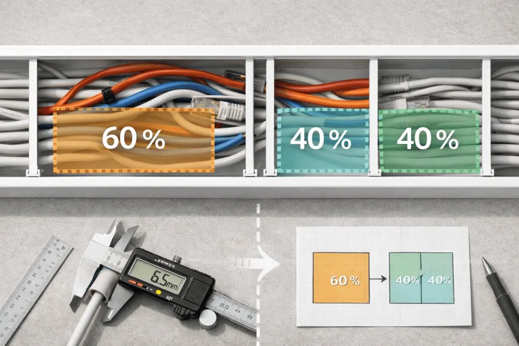 Canaleta con divisor central: energía y datos en compartimentos separados; cálculo del área útil por lado con regla 40/60 %.