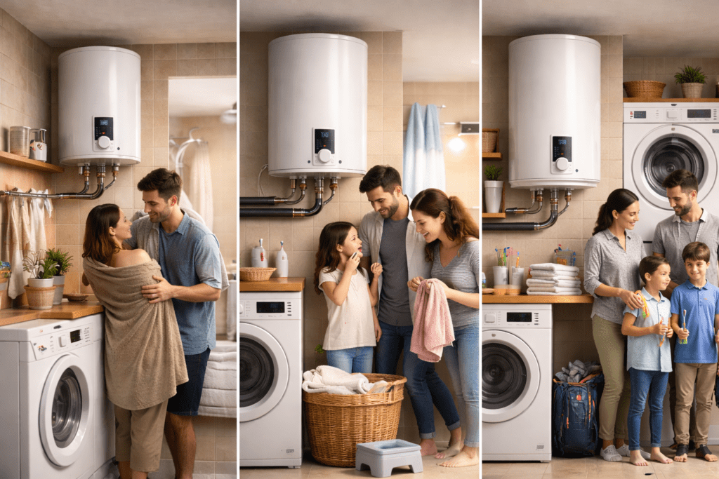 Collage realista de tres termos eléctricos murales en interior —pequeño, mediano y grande— para pareja, familia de 3 y familia de 4.