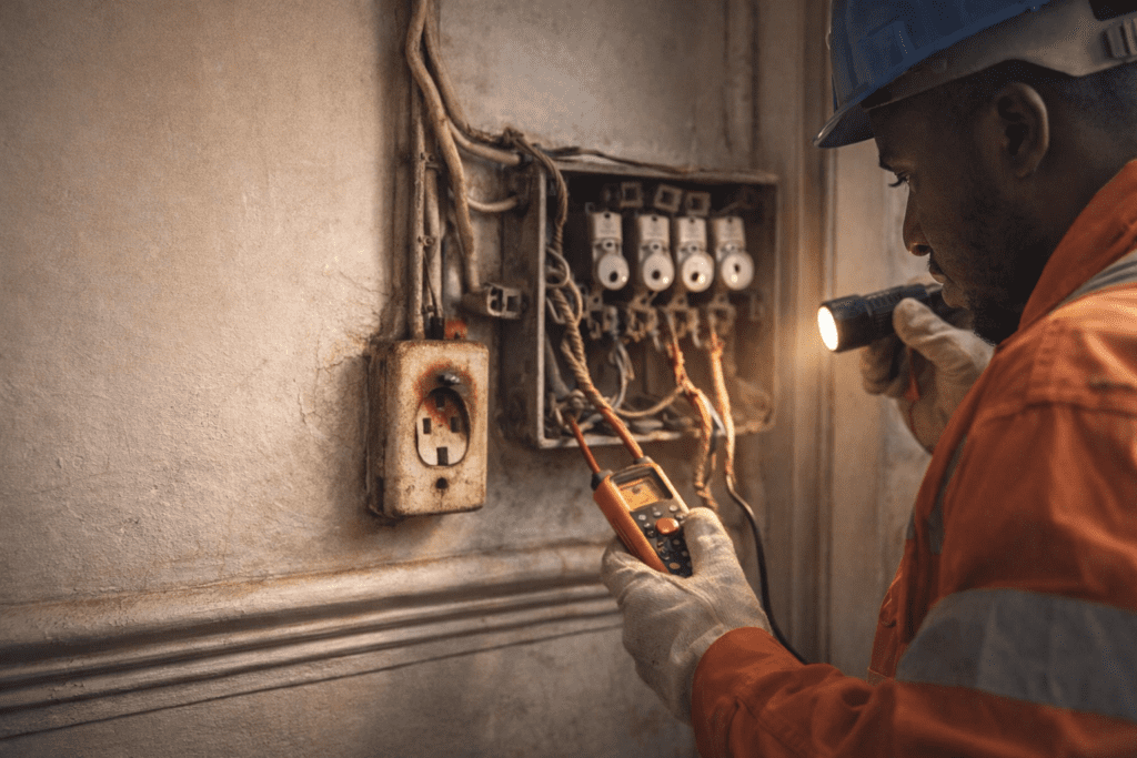 Electricista inspecciona tablero antiguo y enchufe recalentado en una casa de Ñuñoa.