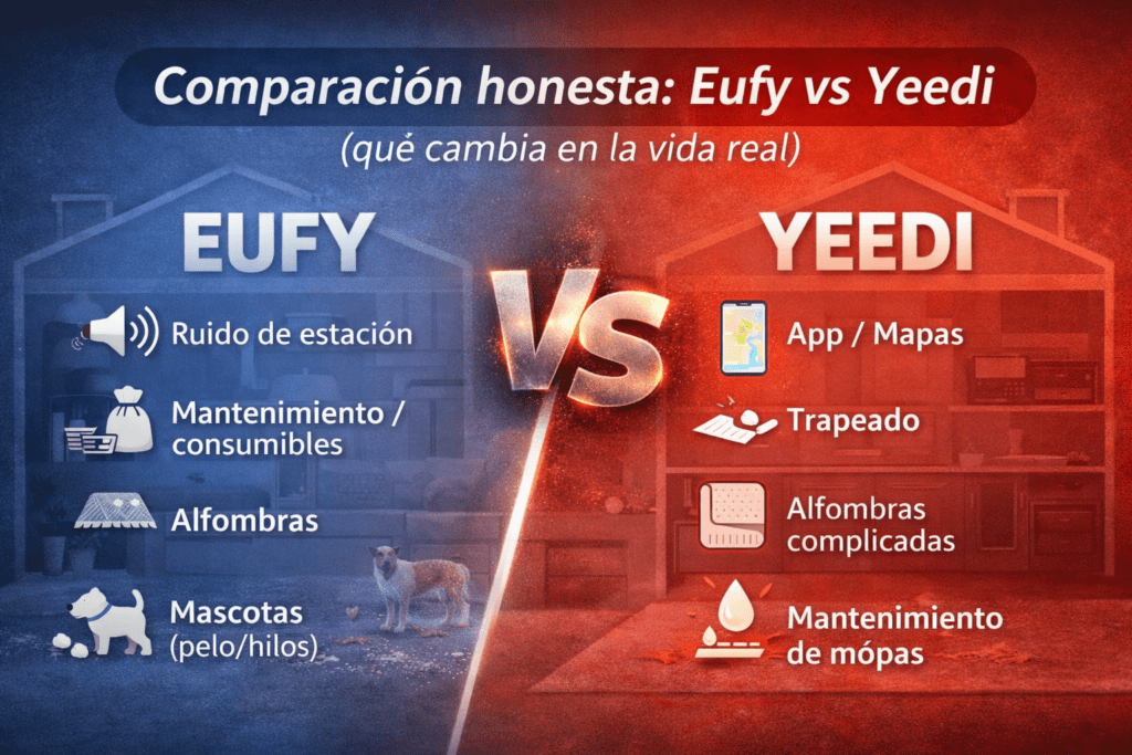 Infografía comparativa Eufy vs Yeedi con puntos clave de uso real: aspirado, trapeado, app y mapas, mantenimiento, ruido, alfombras y costo de consumibles.