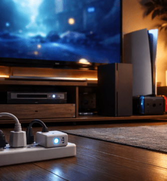 Sala de estar moderna con TV 4K, PS5, Xbox Series X|S y Nintendo Switch en dock; luz cálida y gráfico de energía en pantalla.