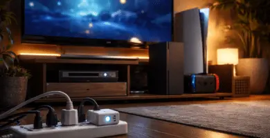Sala de estar moderna con TV 4K, PS5, Xbox Series X|S y Nintendo Switch en dock; luz cálida y gráfico de energía en pantalla.