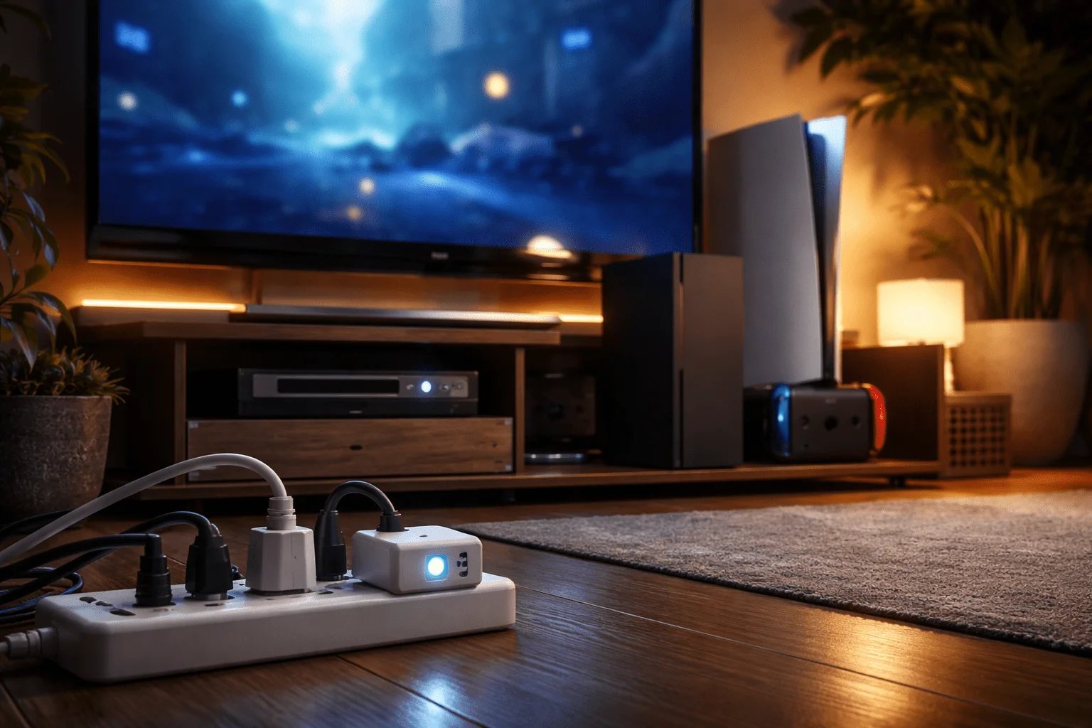 Sala de estar moderna con TV 4K, PS5, Xbox Series X|S y Nintendo Switch en dock; luz cálida y gráfico de energía en pantalla.