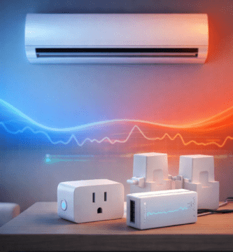 Aire acondicionado split con curvas de frío/calor y medidores de energía para estimar consumo kWh, BTU→kW y eficiencia SEER/SCOP.