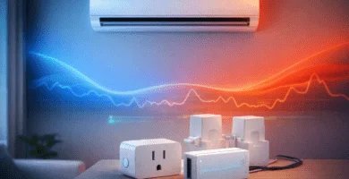 Aire acondicionado split con curvas de frío/calor y medidores de energía para estimar consumo kWh, BTU→kW y eficiencia SEER/SCOP.