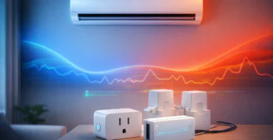 Aire acondicionado split con curvas de frío/calor y medidores de energía para estimar consumo kWh, BTU→kW y eficiencia SEER/SCOP.