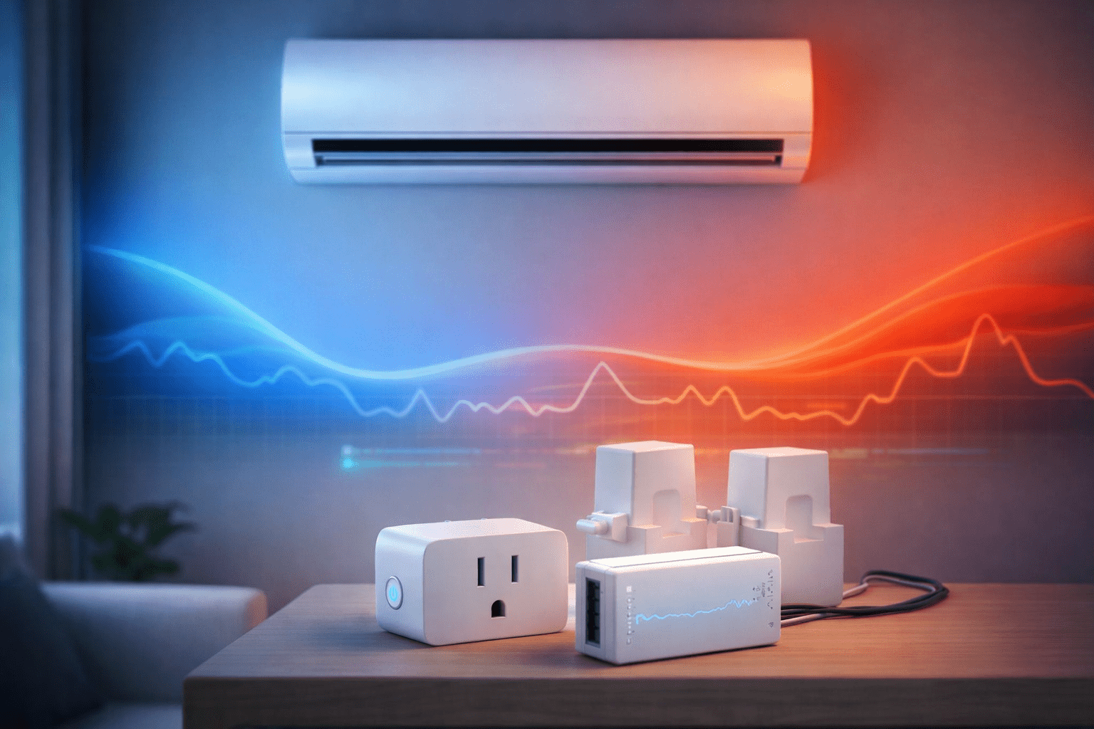 Aire acondicionado split con curvas de frío/calor y medidores de energía para estimar consumo kWh, BTU→kW y eficiencia SEER/SCOP.