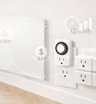 Panel calefactor mural con enchufes inteligentes y temporizador; cálculo de kWh, $/h y uso 2–4 h en invierno.