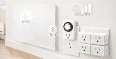 Panel calefactor mural con enchufes inteligentes y temporizador; cálculo de kWh, $/h y uso 2–4 h en invierno.