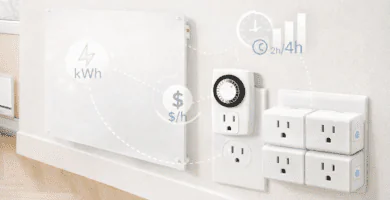 Panel calefactor mural con enchufes inteligentes y temporizador; cálculo de kWh, $/h y uso 2–4 h en invierno.