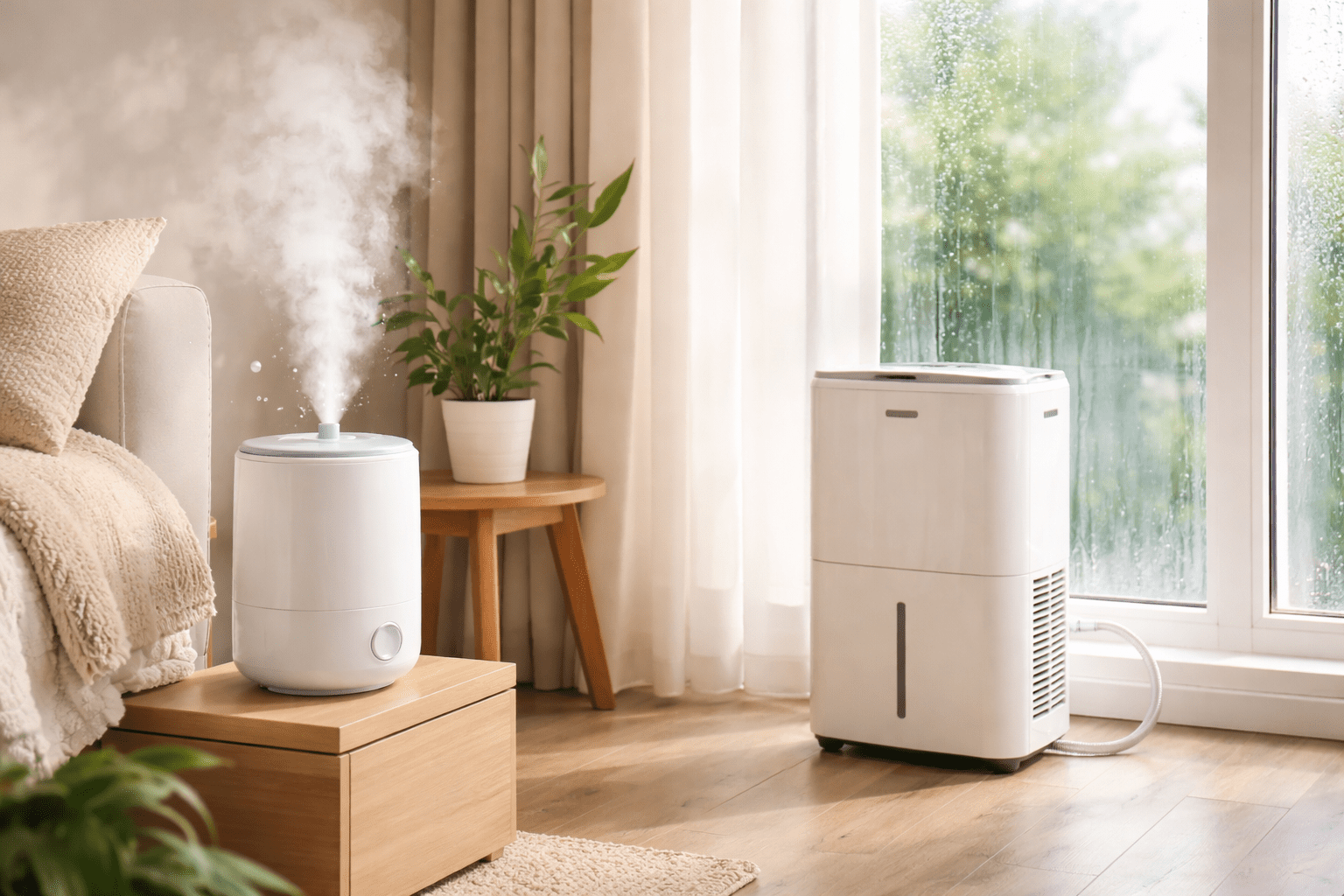 Deshumidificador y humidificador en una habitación doméstica, comparados para estimar consumo y costo por habitación