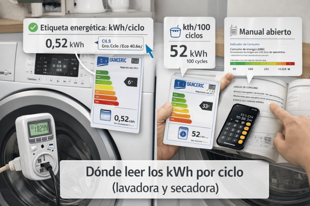 Cerca de lavadora y secadora con zoom a la etiqueta energética y al manual, destacando “kWh/ciclo” y “kWh/100 ciclos” con flechas.