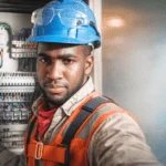 Electricista a domicilio en Maipú revisando tablero eléctrico con casco y EPP; atención el mismo día.