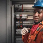 Electricista a domicilio en Ñuñoa revisando tablero eléctrico con casco y guantes; atención el mismo día.