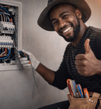 Electricista a domicilio revisando tablero eléctrico con cinturón de herramientas; atención el mismo día.