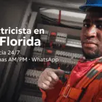 Electricista en La Florida frente a tablero eléctrico; llegada AM/PM, urgencia 24/7 y cotización por WhatsApp.