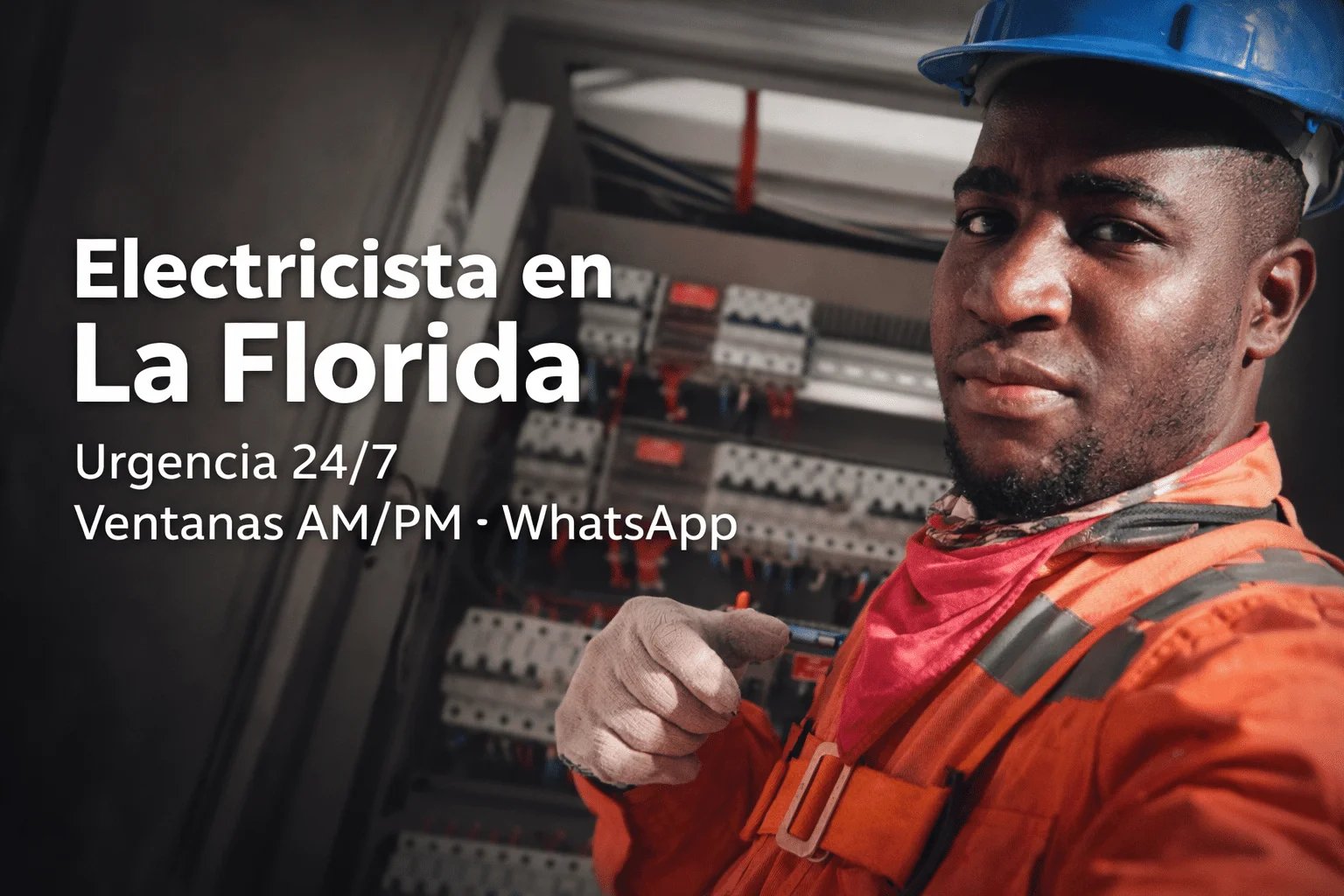 Electricista en La Florida frente a tablero eléctrico; llegada AM/PM, urgencia 24/7 y cotización por WhatsApp.