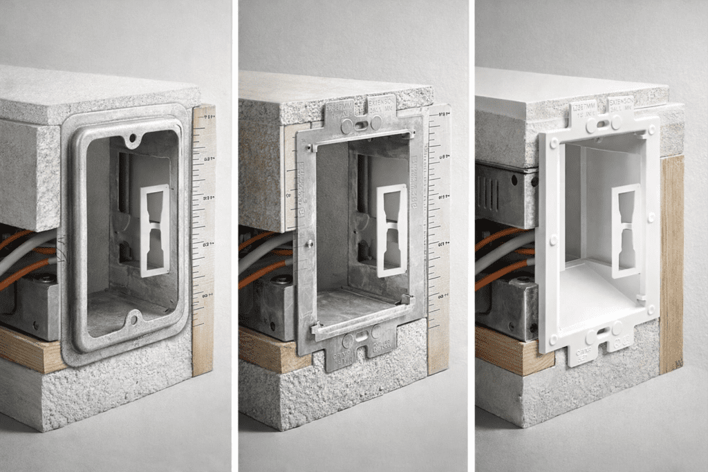 Comparativa: aro elevador fijo (1/2" y 5/8"), aro ajustable 5/8"–1-1/4" y extensor de caja para enrase en drywall.