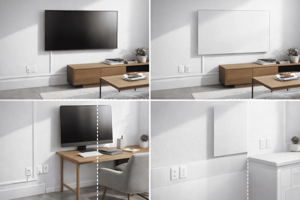 Comparativa por ambientes: sala/TV, home office y cocina con canalización visible vs empotrada, antes y después
