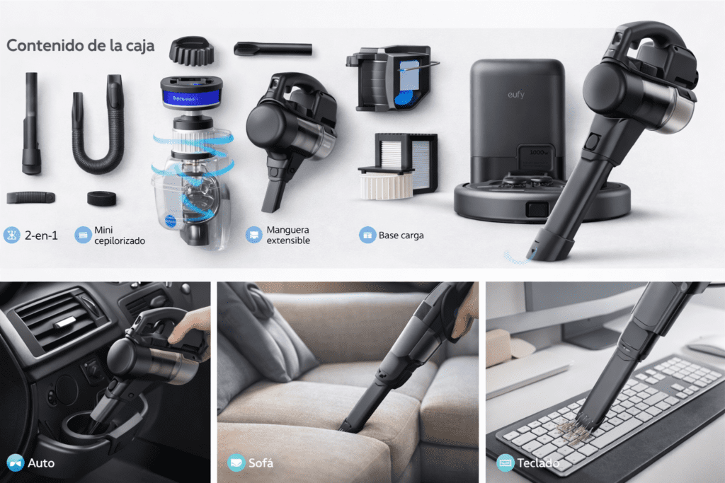 Eufy HomeVac H30 aspiradora de mano con accesorios limpiando coche, sofá y teclado; ideal para rincones y detalles