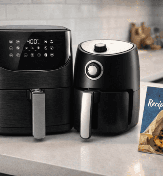 Freidoras de aire en cocina moderna: compacta y familiar, comparando tamaños y consumo (kWh) por ración y costo en pesos.