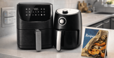 Freidoras de aire en cocina moderna: compacta y familiar, comparando tamaños y consumo (kWh) por ración y costo en pesos.
