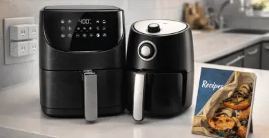 Freidoras de aire en cocina moderna: compacta y familiar, comparando tamaños y consumo (kWh) por ración y costo en pesos.