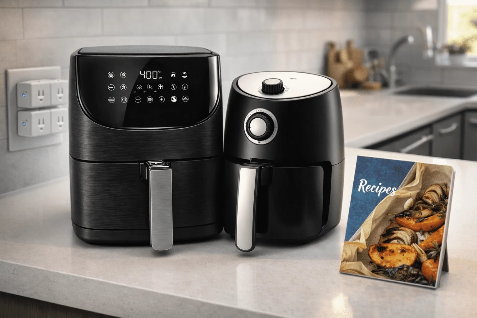 Freidoras de aire en cocina moderna: compacta y familiar, comparando tamaños y consumo (kWh) por ración y costo en pesos.