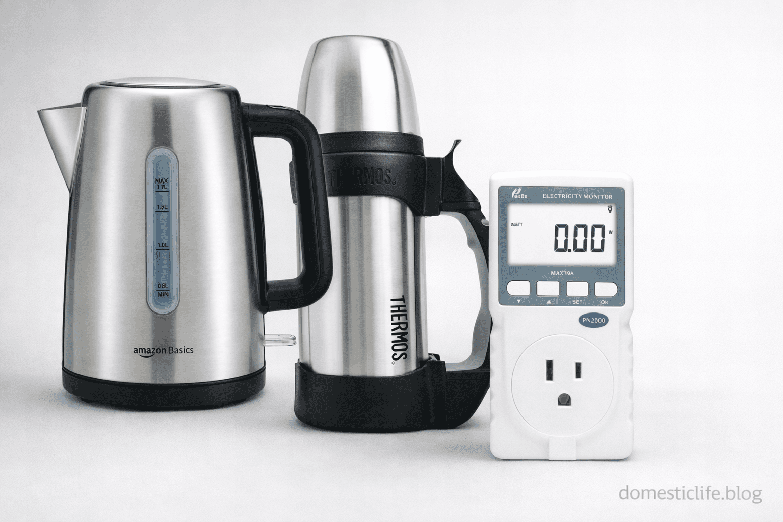 Hervidor eléctrico de acero Amazon Basics, termo Thermos y medidor de consumo Poniie PN2000 sobre fondo claro; guía kWh por litro y costo por taza.