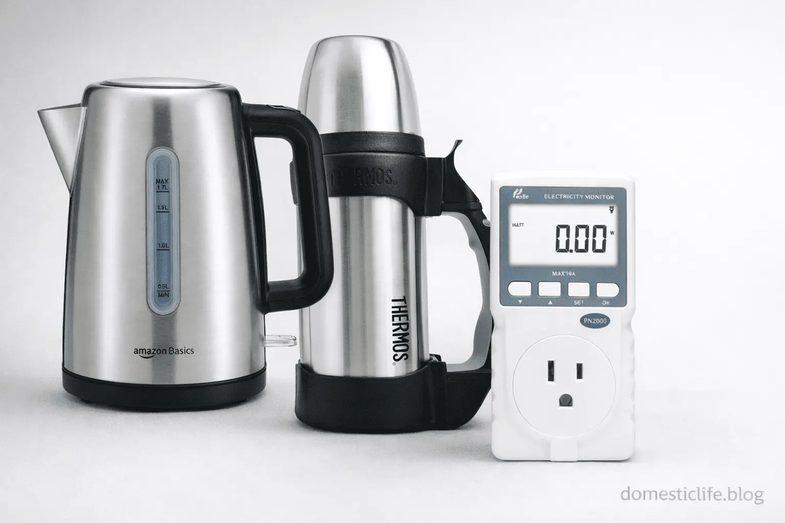 Chaleira elétrica de aço inoxidável Amazon Basics, garrafa térmica Thermos e medidor de consumo de energia Poniie PN2000 em fundo claro; indica kWh por litro e custo por xícara.