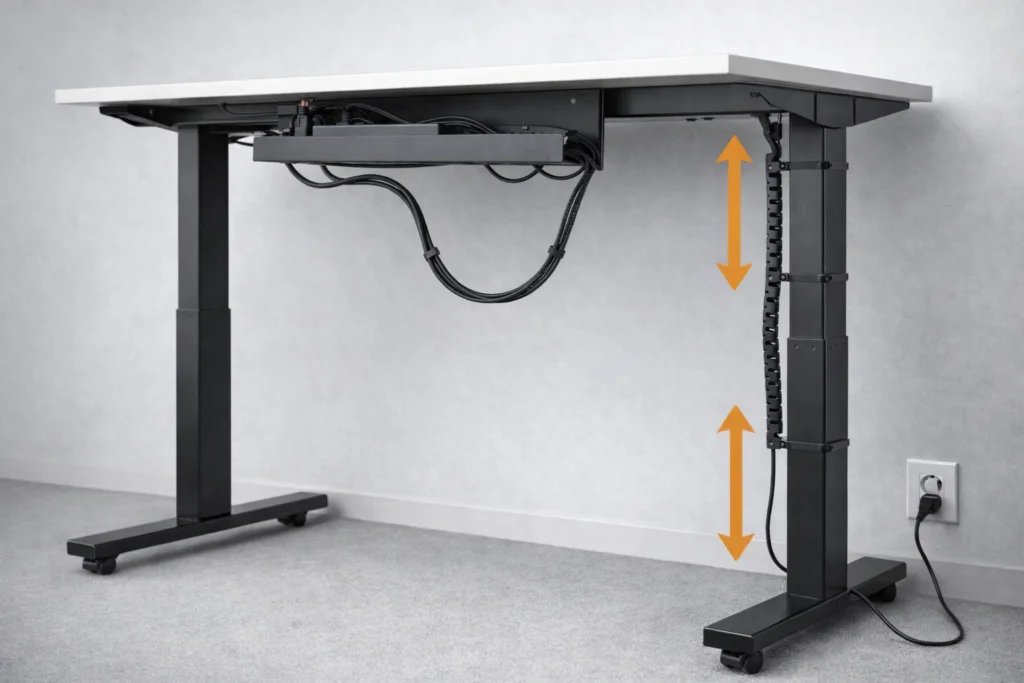 Escritorio sit–stand con bandeja slim bajo tablero; bucle de holgura, primer anclaje a 20–30 cm y guía por la pata para evitar tirones al subir/bajar.