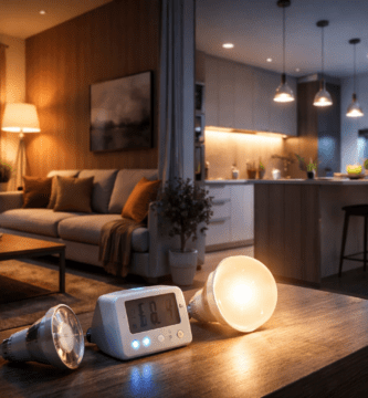 Iluminación LED en casa: salón, cocina y escritorio con lámparas LED cálidas y neutras encendidas, enfocada en consumo por ambiente y ahorro vs halógeno.