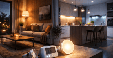Iluminación LED en casa: salón, cocina y escritorio con lámparas LED cálidas y neutras encendidas, enfocada en consumo por ambiente y ahorro vs halógeno.