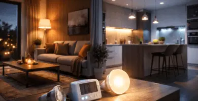 Iluminación LED en casa: salón, cocina y escritorio con lámparas LED cálidas y neutras encendidas, enfocada en consumo por ambiente y ahorro vs halógeno.