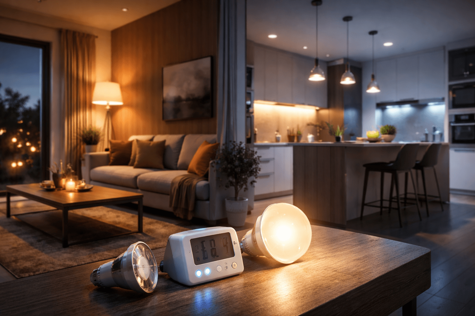 Iluminación LED en casa: salón, cocina y escritorio con lámparas LED cálidas y neutras encendidas, enfocada en consumo por ambiente y ahorro vs halógeno.