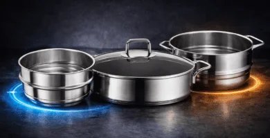 Sartén con tapa y dos vaporeras de acero inoxidable sobre encimera oscura, compatibles con inducción y vitrocerámica.