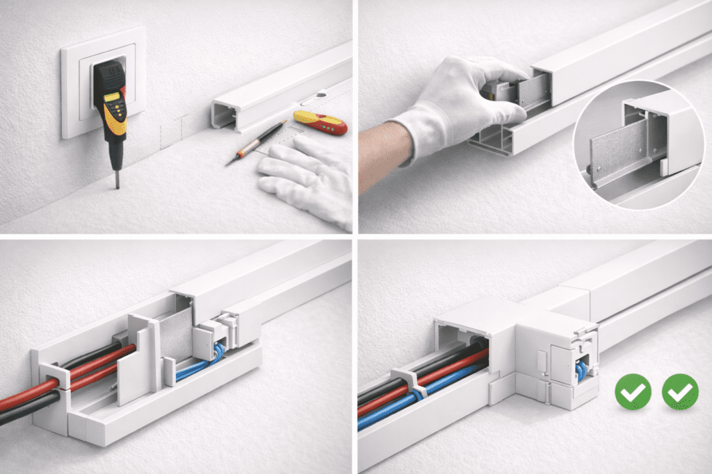 Instalación paso a paso de un separador en canaleta: cortar energía, montar el tabique, ordenar cables de energía y datos, y cerrar con “T” compatible