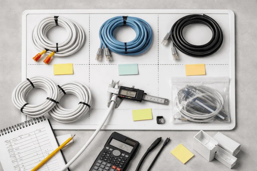 Inventario de conductores con diámetros exteriores y crecimiento previsto; calibre midiendo cable sobre mesa.