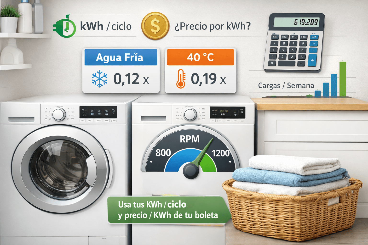 Cuarto de lavado con lavadora y secadora; gráficos de kWh por ciclo y precio kWh; calculadora para estimar costo por carga.