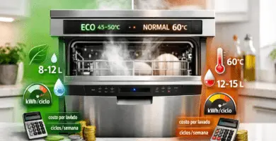 Lavavajillas: comparación de consumo kWh por ciclo en programa Eco vs Normal (45–60 °C), ahorro de agua y costo por lavado.