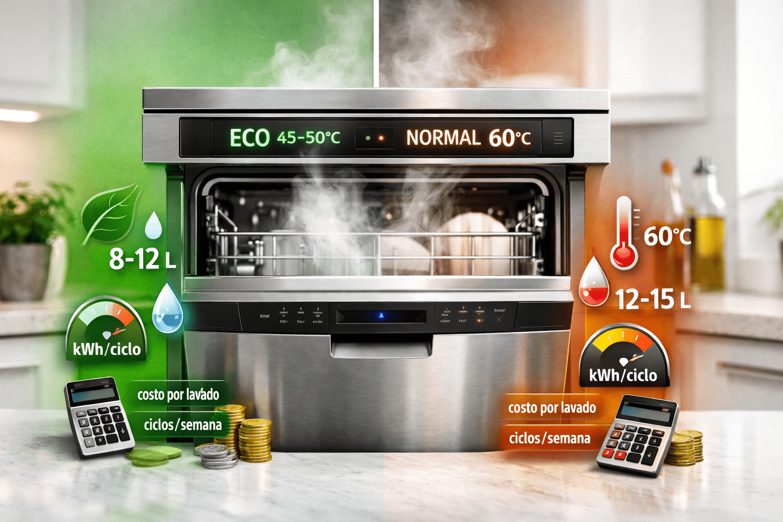 Lavavajillas: comparación de consumo kWh por ciclo en programa Eco vs Normal (45–60 °C), ahorro de agua y costo por lavado.